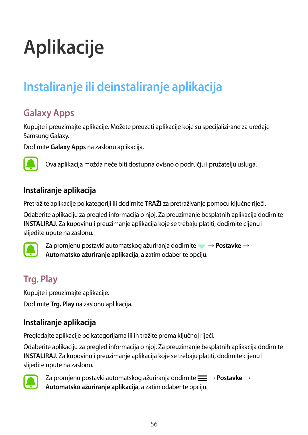 Samsung SM-G925FZDASEE manual Instaliranje ili deinstaliranje aplikacija, Galaxy Apps, Trg. Play, Instaliranje aplikacija 