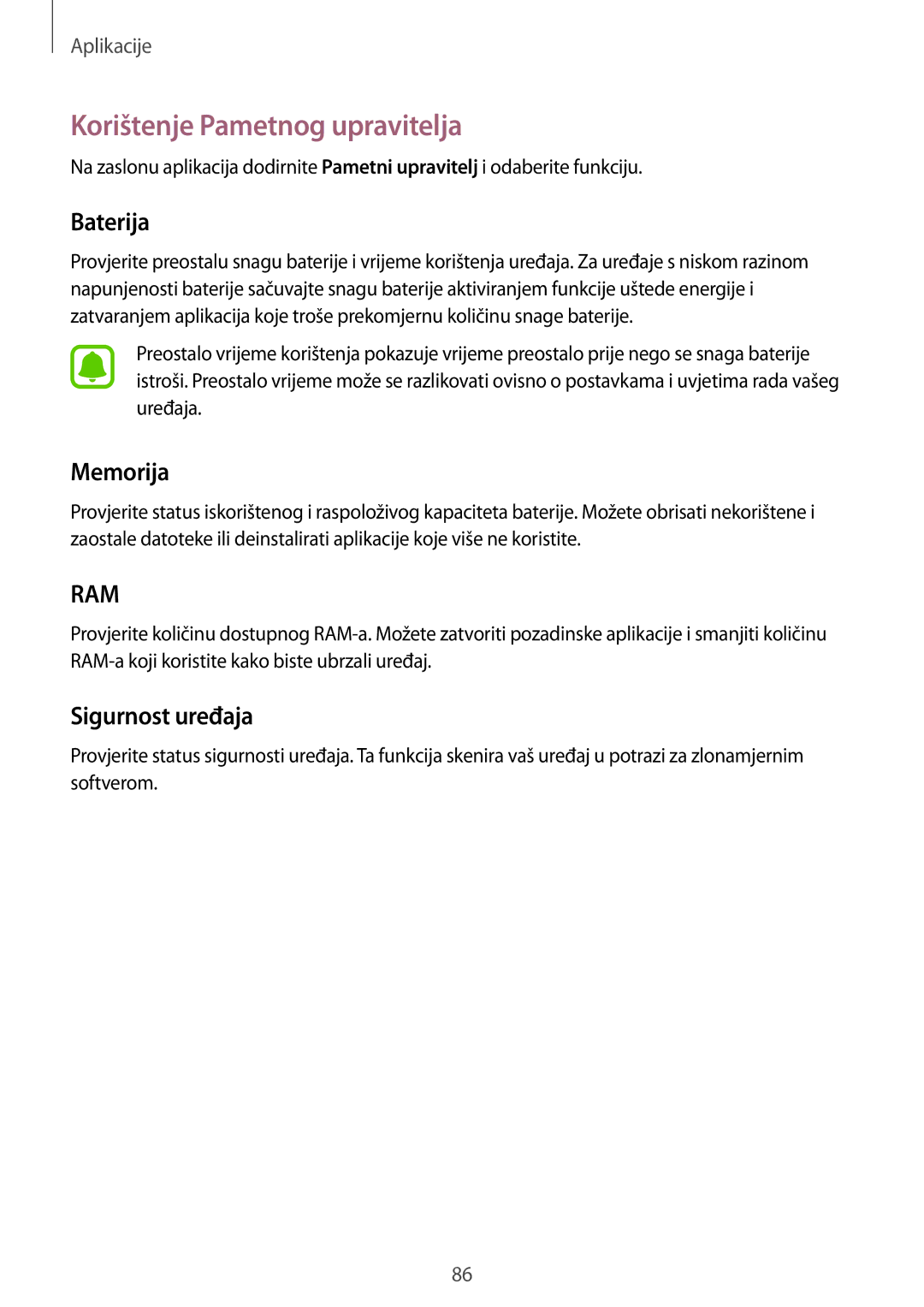 Samsung SM-G925FZDASEE, SM-G925FZKFSEE manual Korištenje Pametnog upravitelja, Baterija, Memorija, Sigurnost uređaja 