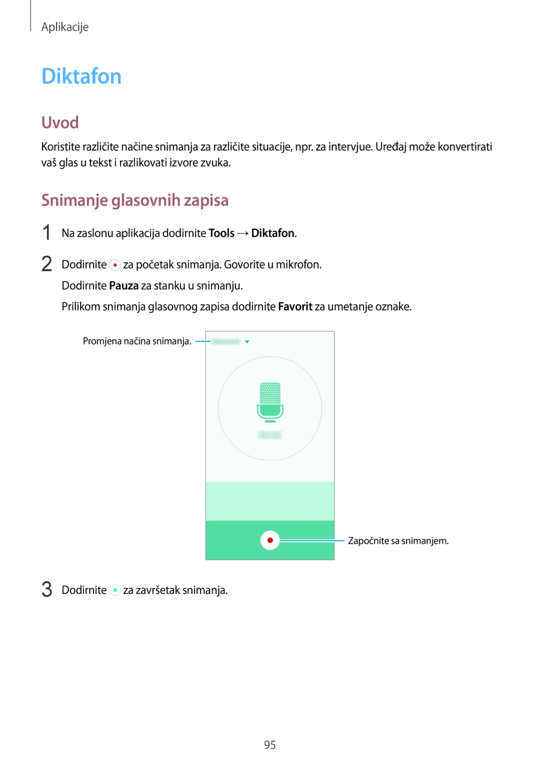 Samsung SM-G925FZKFSEE, SM-G925FZDASEE manual Diktafon, Snimanje glasovnih zapisa 