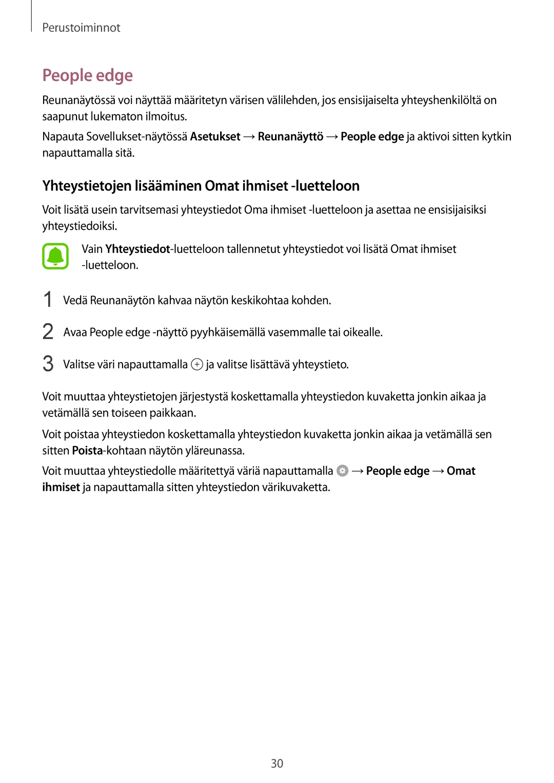 Samsung SM-G925FZGANEE, SM-G925FZWANEE, SM-G925FZWENEE manual People edge, Yhteystietojen lisääminen Omat ihmiset -luetteloon 
