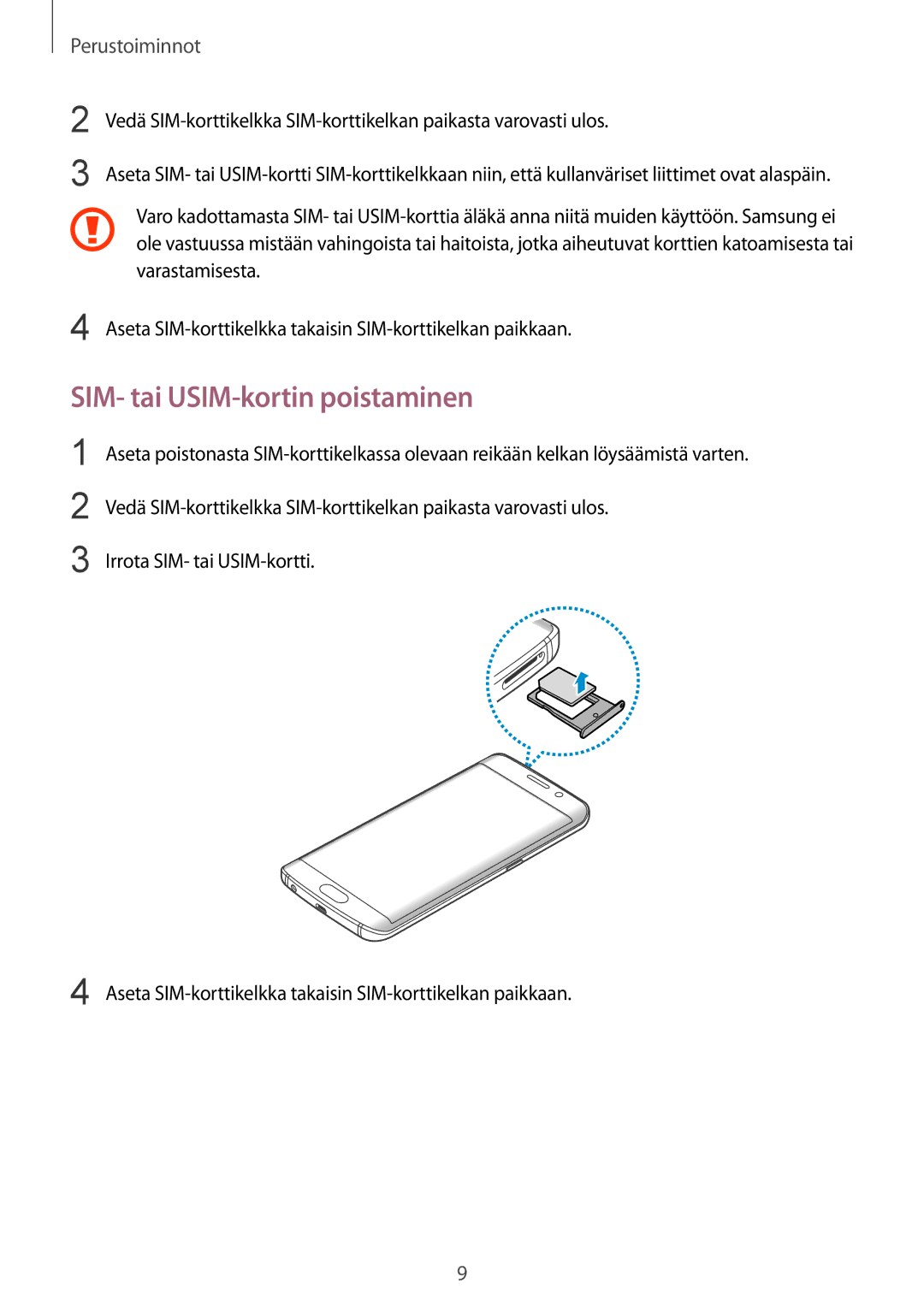 Samsung SM-G925FZWFNEE, SM-G925FZGANEE, SM-G925FZWANEE, SM-G925FZWENEE, SM-G925FZDANEE manual SIM- tai USIM-kortin poistaminen 