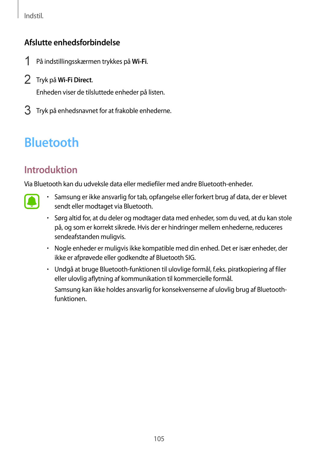 Samsung SM-G925FZWFNEE, SM-G925FZGANEE manual Bluetooth, Afslutte enhedsforbindelse, På indstillingsskærmen trykkes på Wi-Fi 