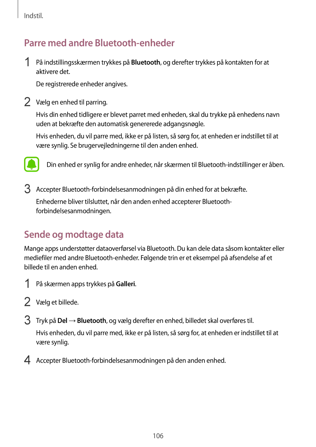 Samsung SM-G925FZDANEE, SM-G925FZGANEE, SM-G925FZWANEE manual Parre med andre Bluetooth-enheder, Sende og modtage data 