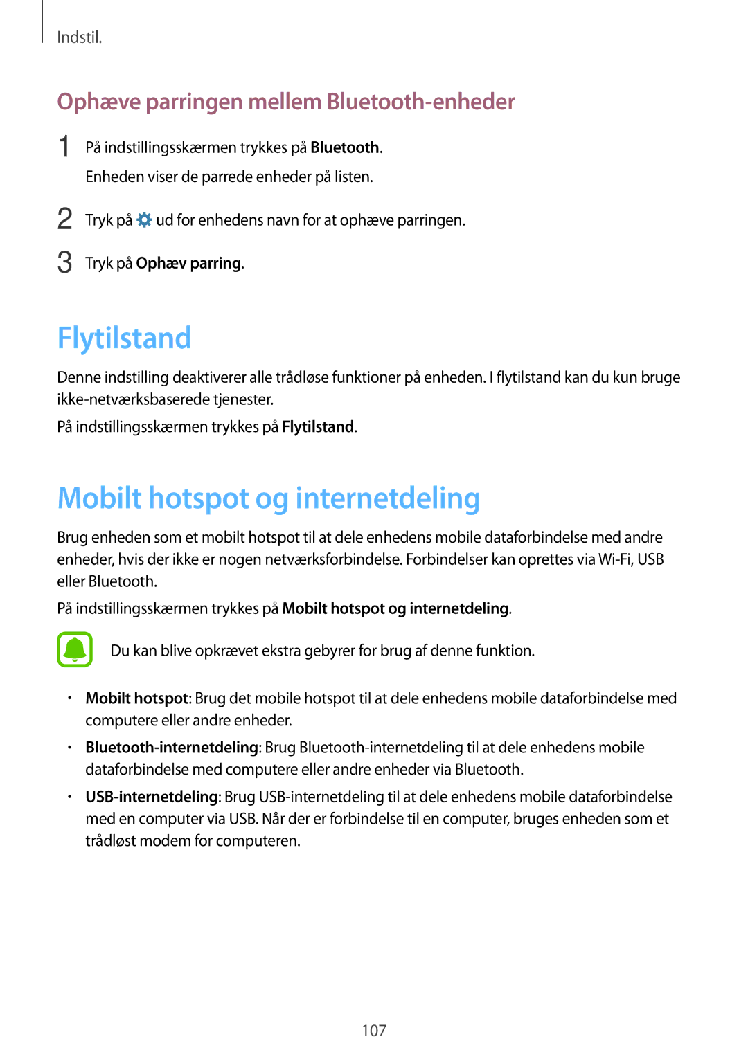 Samsung SM-G925FZKANEE manual Flytilstand, Mobilt hotspot og internetdeling, Ophæve parringen mellem Bluetooth-enheder 