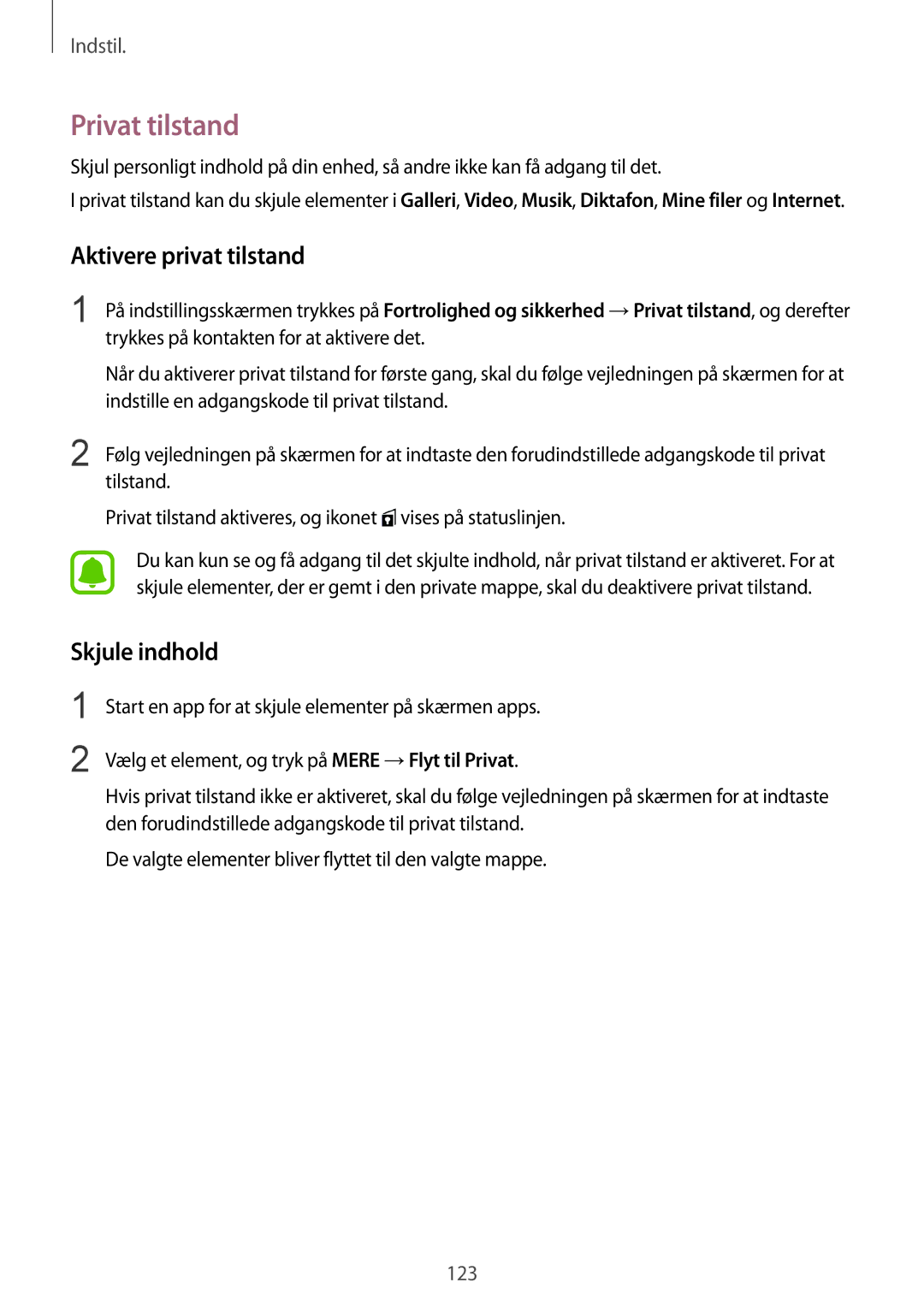 Samsung SM-G925FZWFNEE, SM-G925FZGANEE, SM-G925FZWANEE manual Privat tilstand, Aktivere privat tilstand, Skjule indhold 