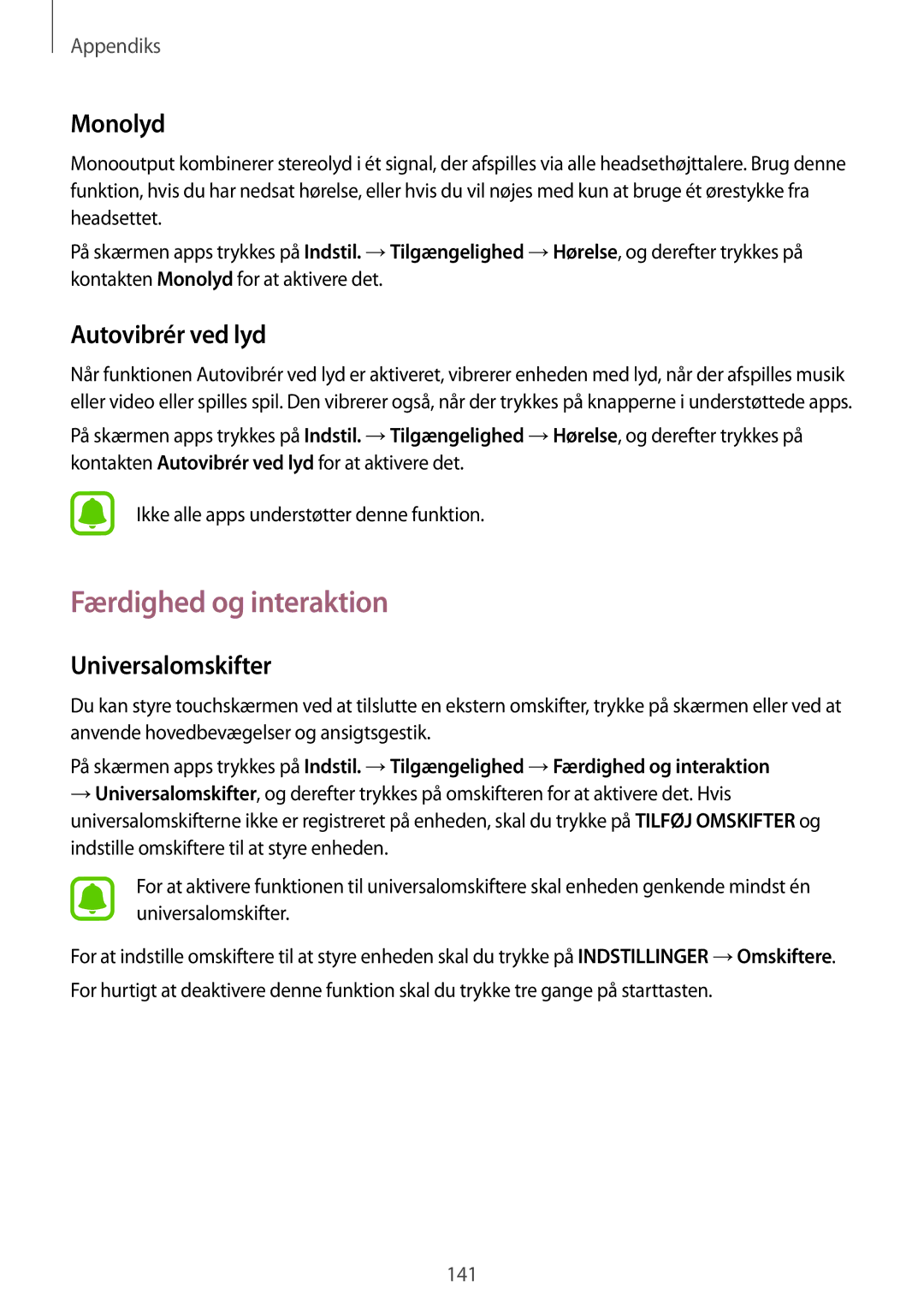 Samsung SM-G925FZWFNEE, SM-G925FZGANEE manual Færdighed og interaktion, Monolyd, Autovibrér ved lyd, Universalomskifter 