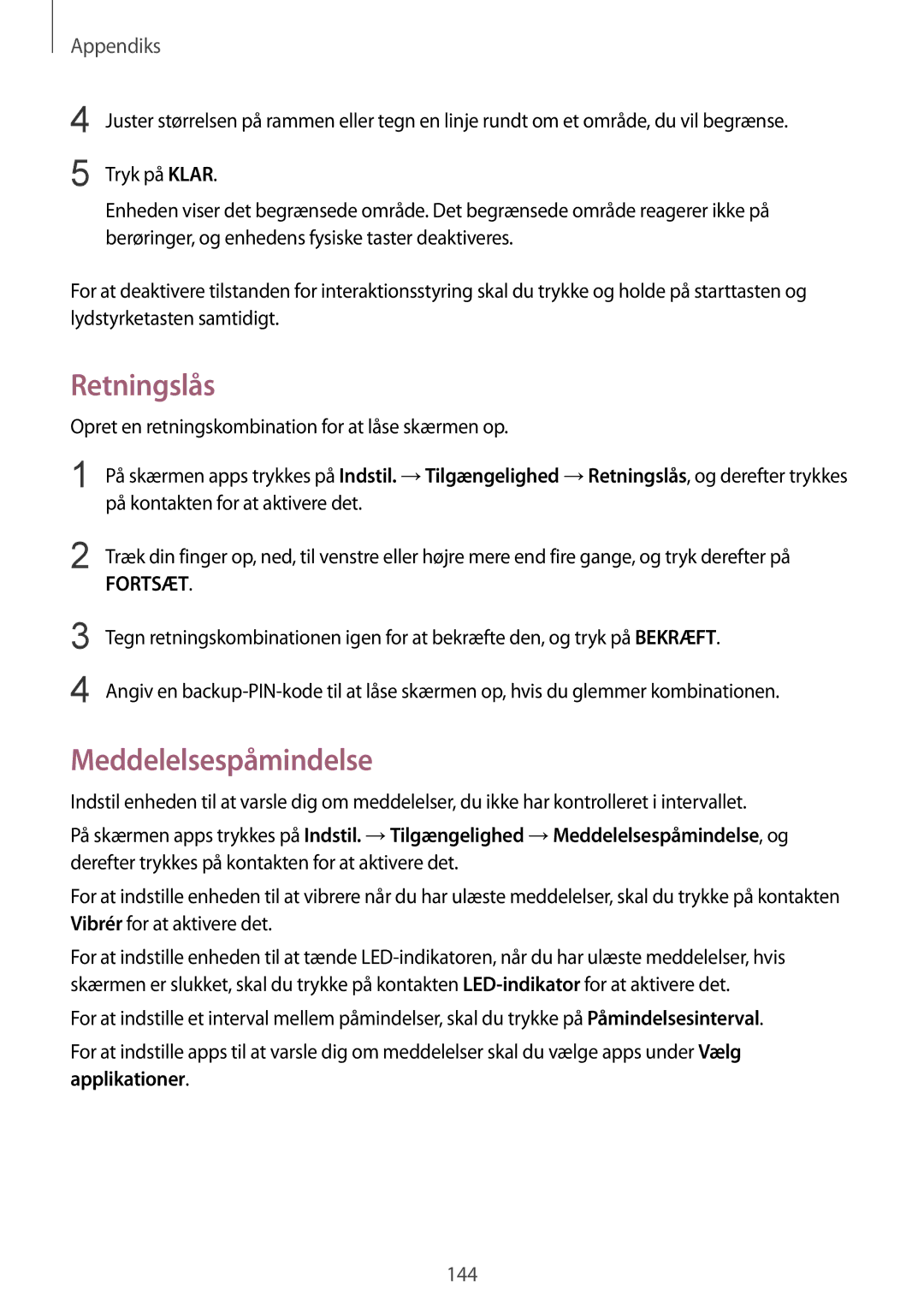 Samsung SM-G925FZGANEE manual Retningslås, Meddelelsespåmindelse, Opret en retningskombination for at låse skærmen op 