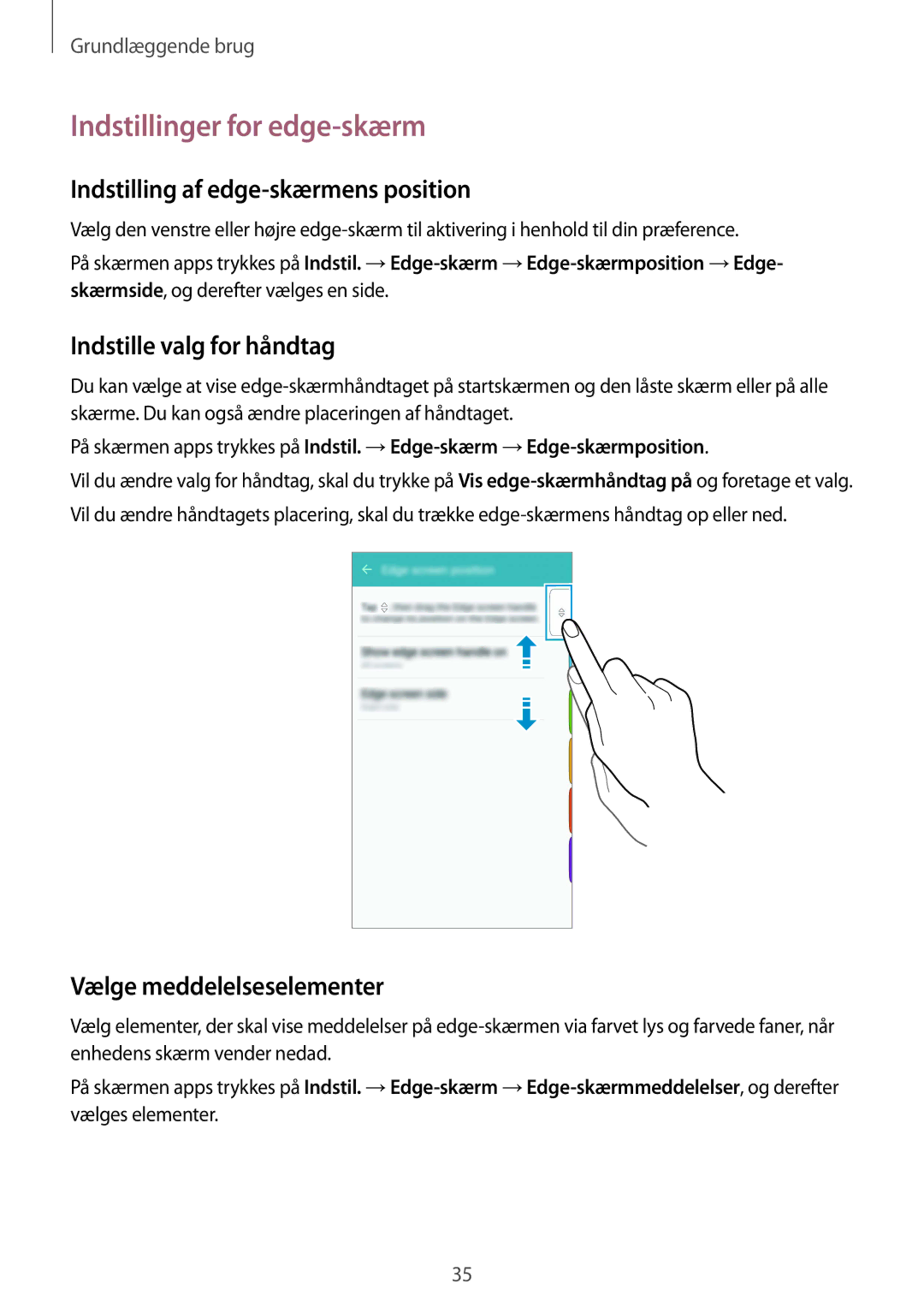 Samsung SM-G925FZKANEE Indstillinger for edge-skærm, Indstilling af edge-skærmens position, Indstille valg for håndtag 