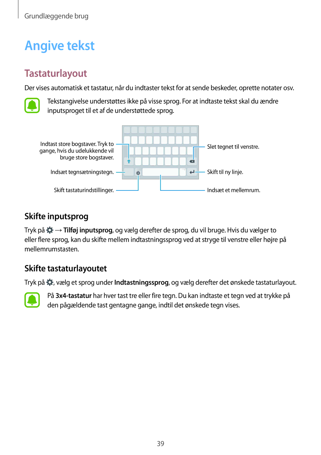 Samsung SM-G925FZWFNEE, SM-G925FZGANEE manual Angive tekst, Tastaturlayout, Skifte inputsprog, Skifte tastaturlayoutet 