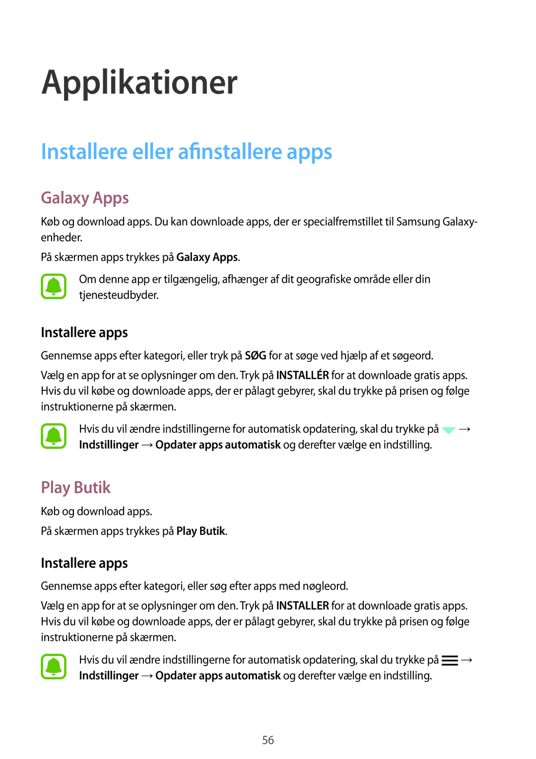 Samsung SM-G925FZWENEE, SM-G925FZGANEE manual Installere eller afinstallere apps, Galaxy Apps, Play Butik, Installere apps 