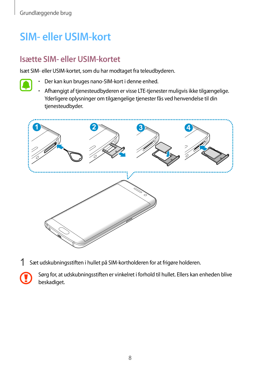 Samsung SM-G925FZWENEE, SM-G925FZGANEE, SM-G925FZWANEE, SM-G925FZWFNEE, SM-G925FZDANEE manual Isætte SIM- eller USIM-kortet 