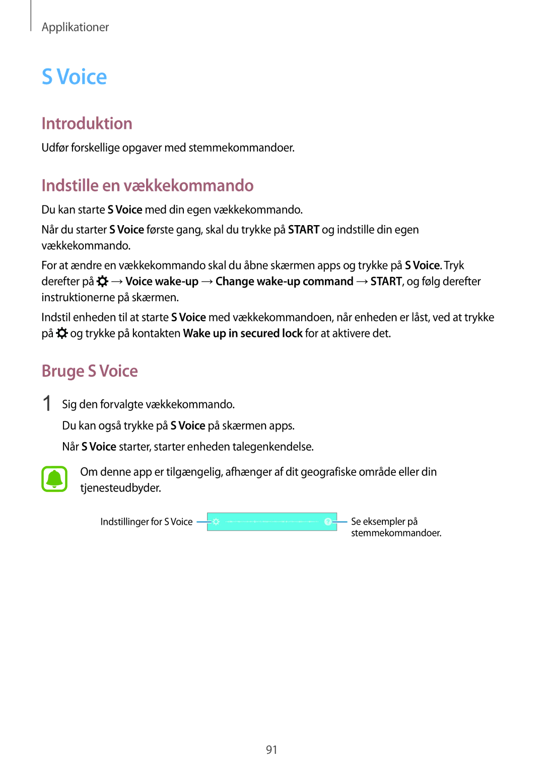 Samsung SM-G925FZWANEE manual Indstille en vækkekommando, Bruge S Voice, Udfør forskellige opgaver med stemmekommandoer 