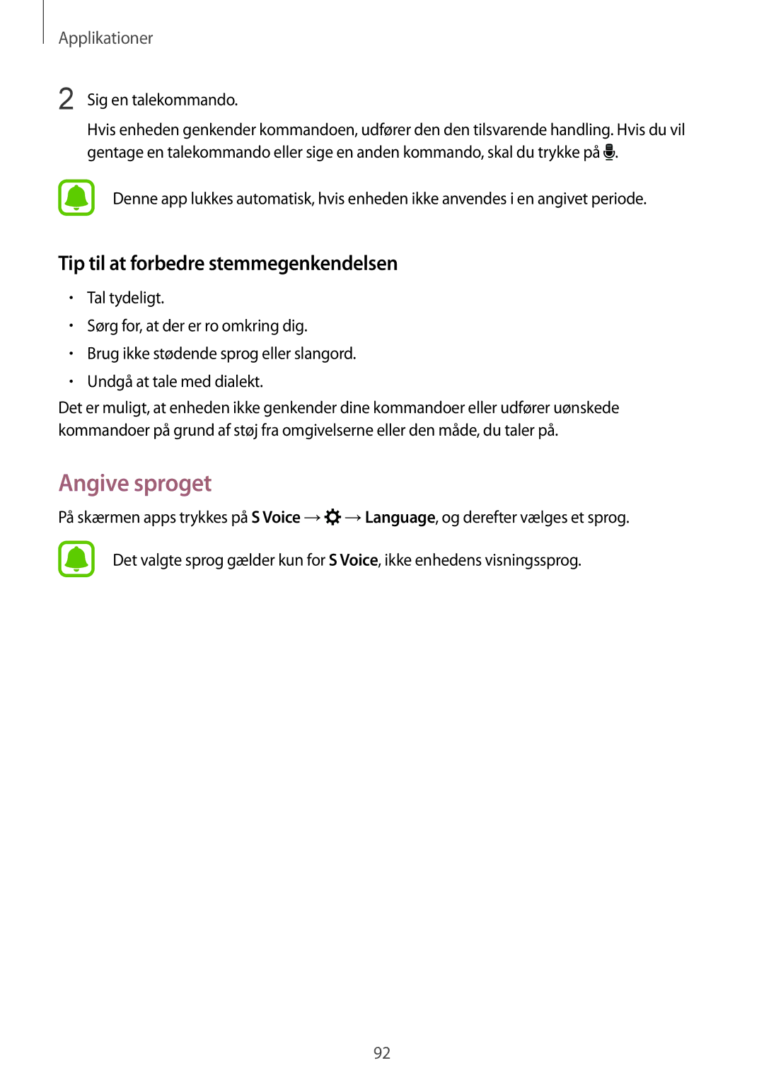 Samsung SM-G925FZWENEE, SM-G925FZGANEE manual Angive sproget, Tip til at forbedre stemmegenkendelsen, Sig en talekommando 