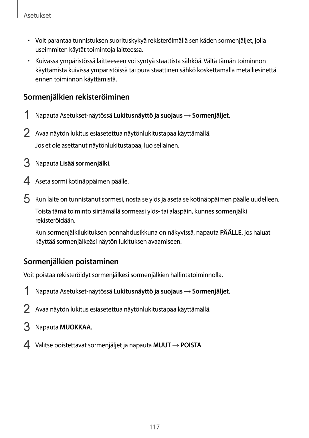 Samsung SM-G925FZWFNEE, SM-G925FZGANEE Sormenjälkien rekisteröiminen, Sormenjälkien poistaminen, Napauta Lisää sormenjälki 