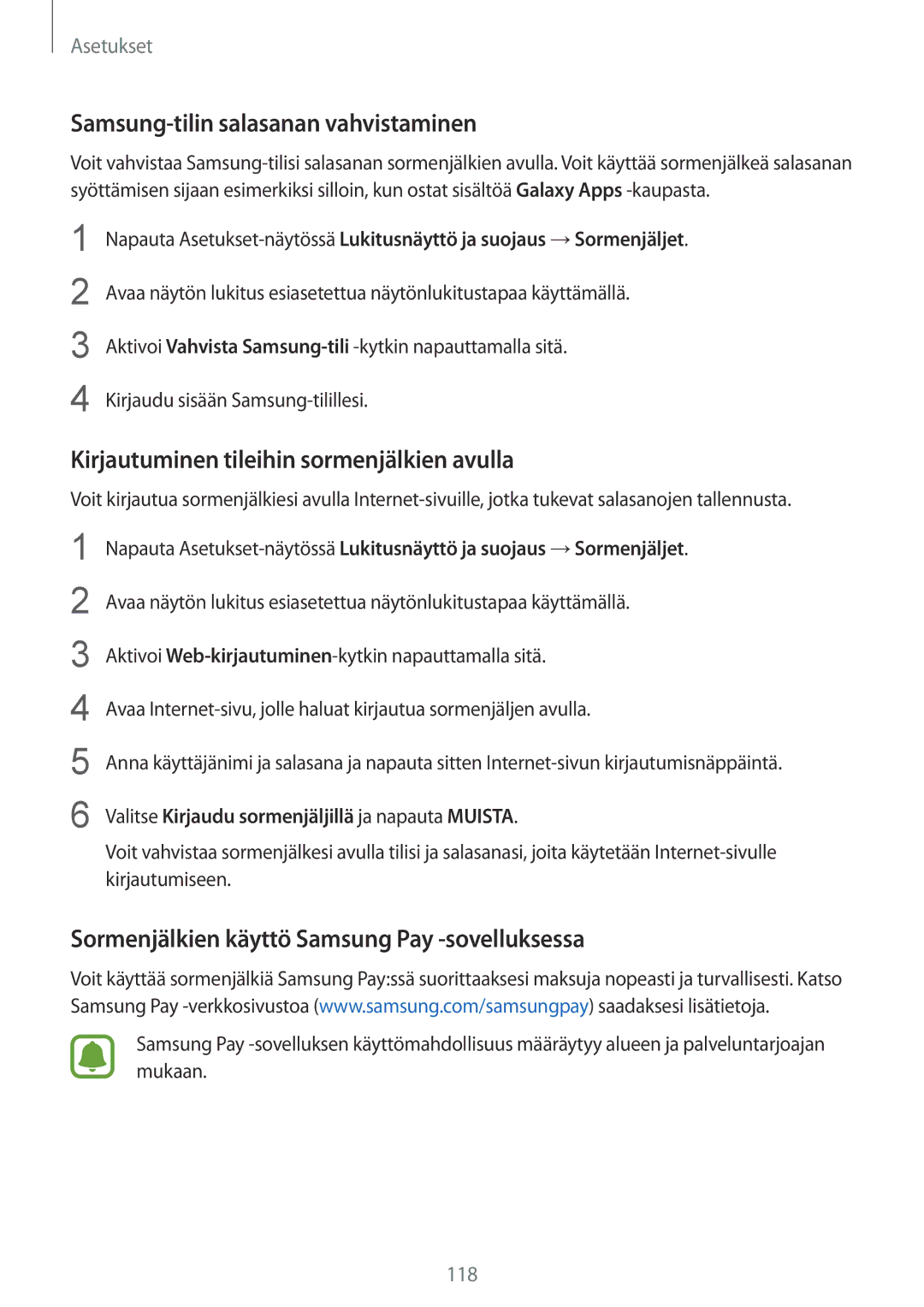 Samsung SM-G925FZDANEE, SM-G925FZGANEE Samsung-tilin salasanan vahvistaminen, Kirjautuminen tileihin sormenjälkien avulla 