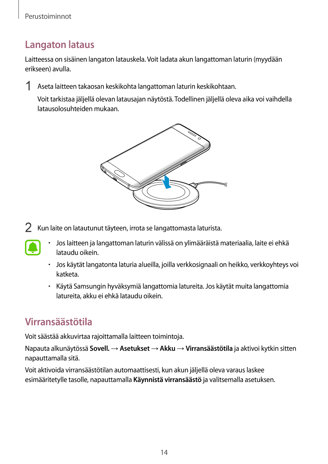 Samsung SM-G925FZWENEE, SM-G925FZGANEE, SM-G925FZWANEE, SM-G925FZWFNEE, SM-G925FZDANEE manual Langaton lataus, Virransäästötila 