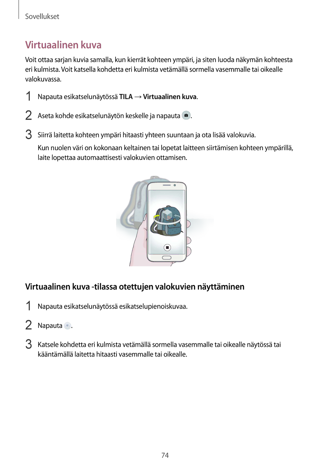 Samsung SM-G925FZWENEE, SM-G925FZGANEE, SM-G925FZWANEE manual Virtuaalinen kuva -tilassa otettujen valokuvien näyttäminen 