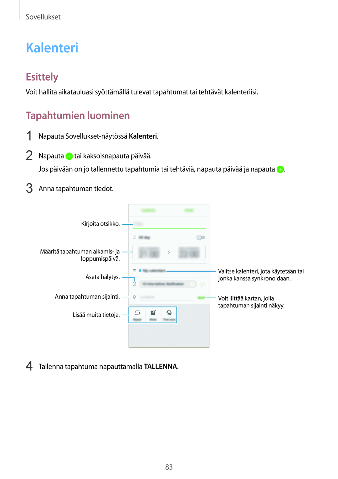 Samsung SM-G925FZKANEE, SM-G925FZGANEE, SM-G925FZWANEE, SM-G925FZWENEE, SM-G925FZWFNEE manual Kalenteri, Tapahtumien luominen 