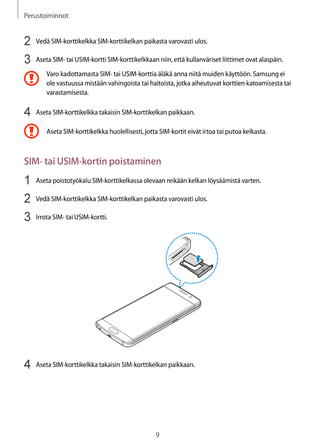 Samsung SM-G925FZWFNEE, SM-G925FZGANEE, SM-G925FZWANEE, SM-G925FZWENEE, SM-G925FZDANEE manual SIM- tai USIM-kortin poistaminen 