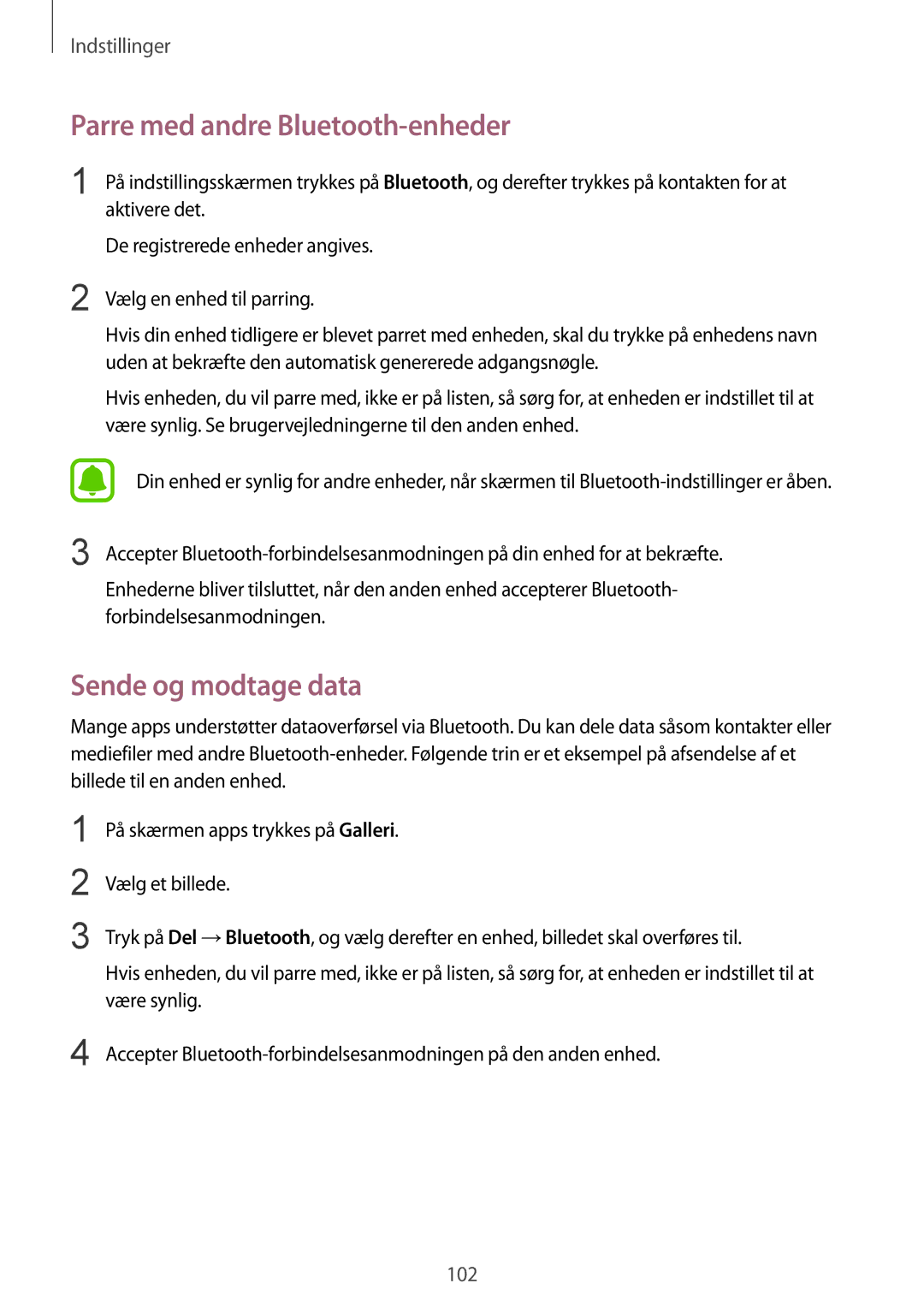 Samsung SM-G925FZGANEE, SM-G925FZWANEE, SM-G925FZWENEE manual Parre med andre Bluetooth-enheder, Sende og modtage data 