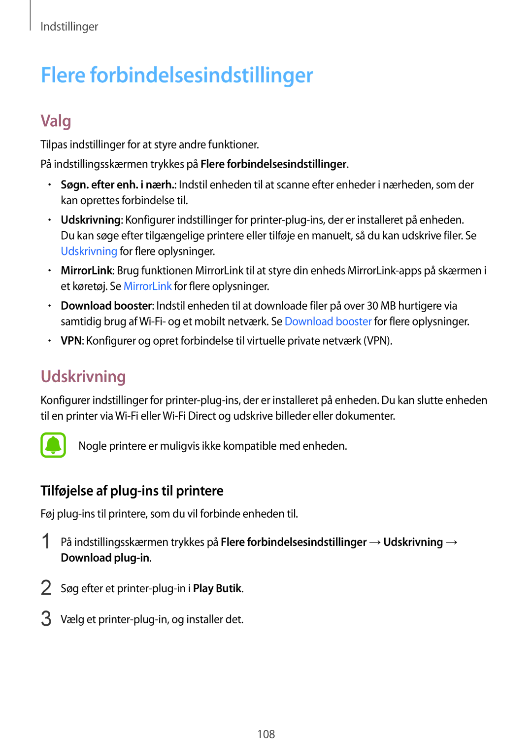 Samsung SM-G925FZGANEE manual Flere forbindelsesindstillinger, Valg, Udskrivning, Tilføjelse af plug-ins til printere 