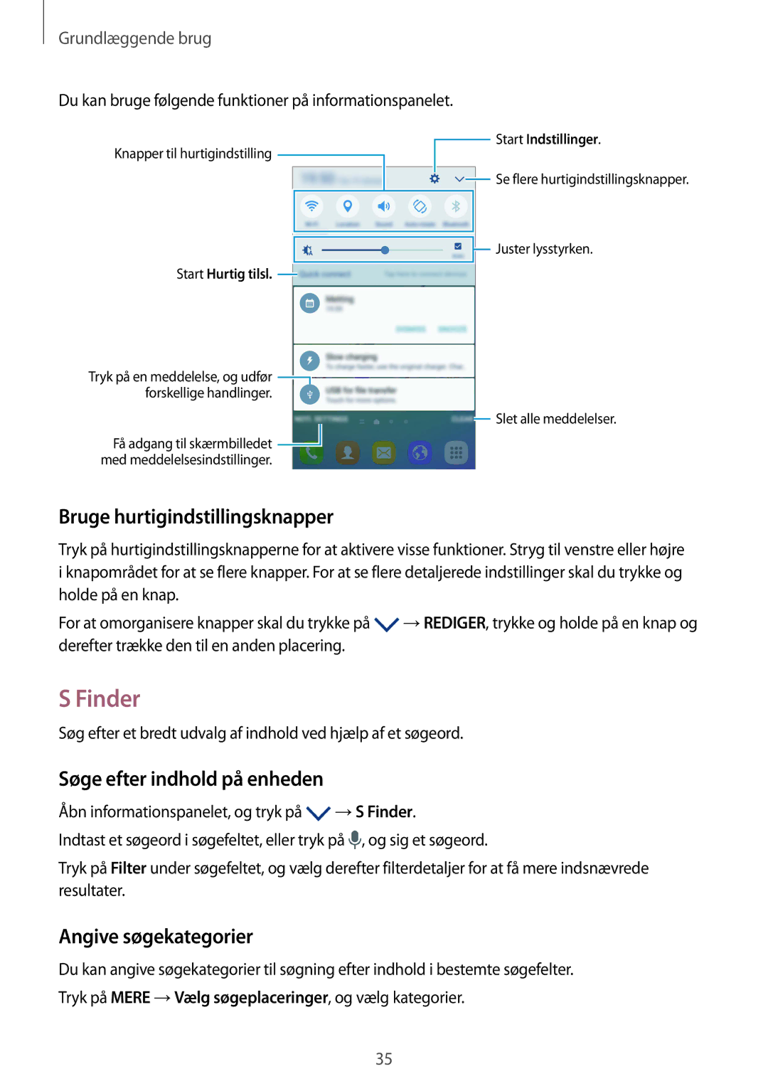 Samsung SM-G925FZKANEE manual Finder, Bruge hurtigindstillingsknapper, Søge efter indhold på enheden, Angive søgekategorier 
