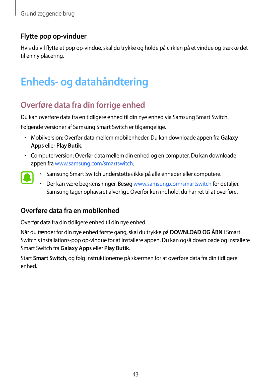 Samsung SM-G925FZWANEE manual Enheds- og datahåndtering, Overføre data fra din forrige enhed, Flytte pop op-vinduer 