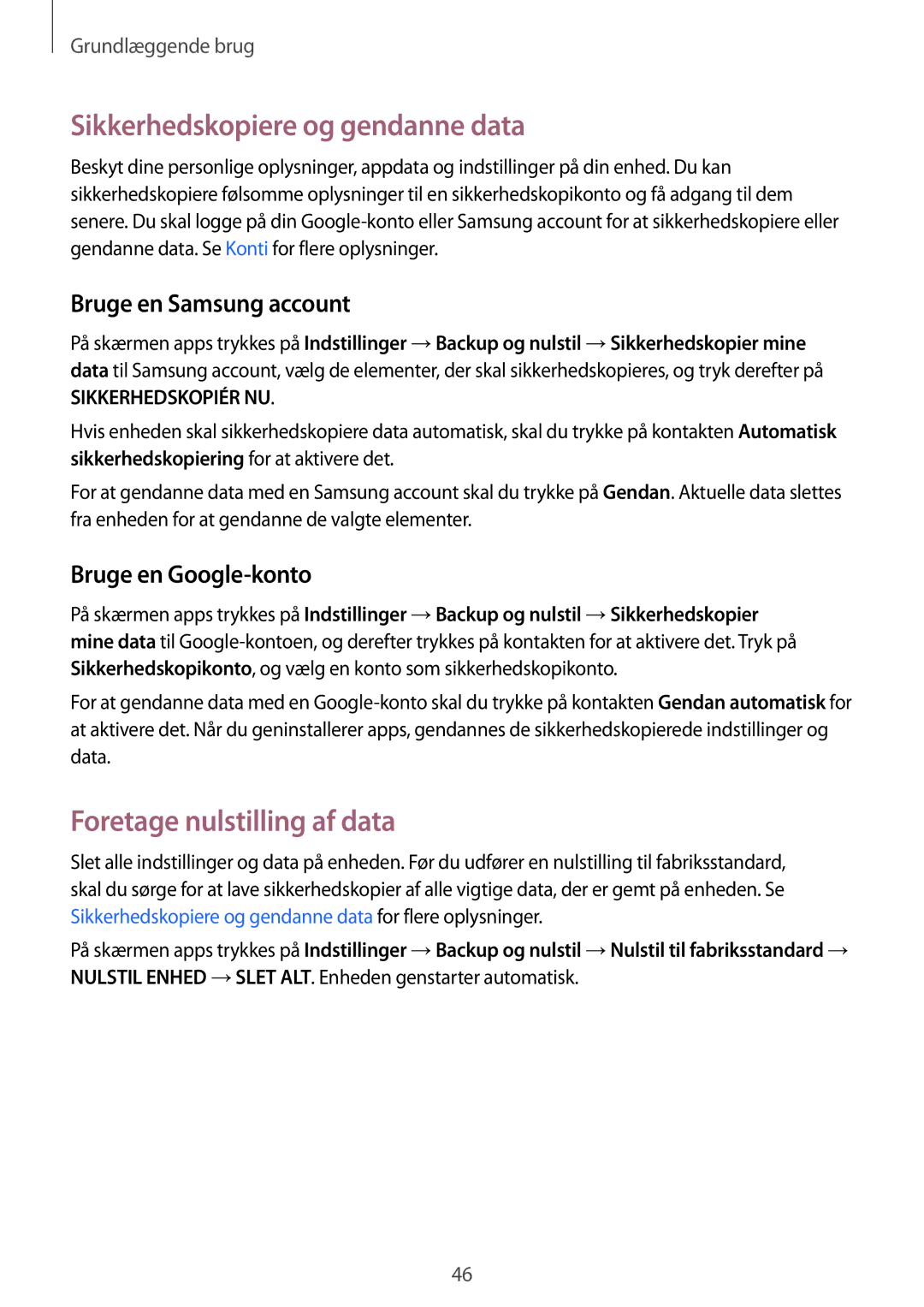 Samsung SM-G925FZDANEE manual Sikkerhedskopiere og gendanne data, Foretage nulstilling af data, Bruge en Samsung account 