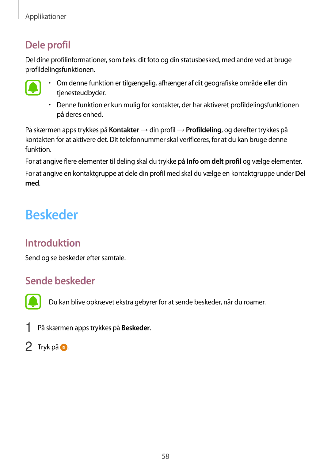 Samsung SM-G925FZDANEE, SM-G925FZGANEE manual Beskeder, Dele profil, Sende beskeder, Med, Send og se beskeder efter samtale 