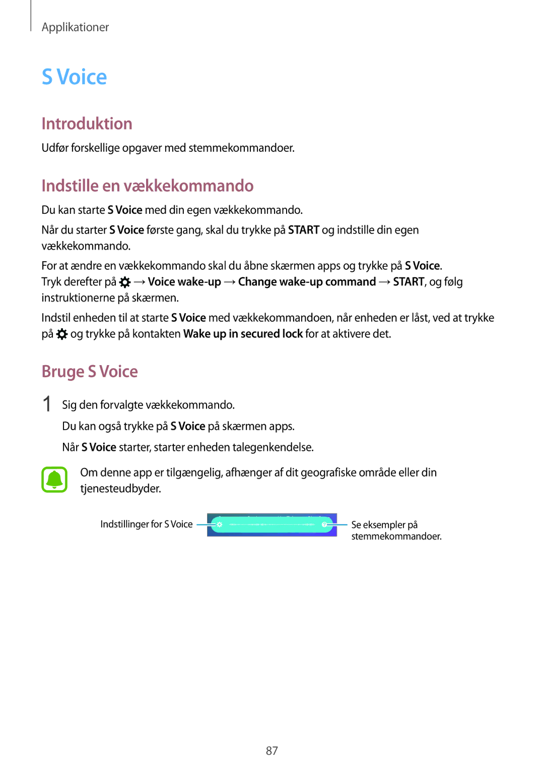 Samsung SM-G925FZWFNEE manual Indstille en vækkekommando, Bruge S Voice, Udfør forskellige opgaver med stemmekommandoer 