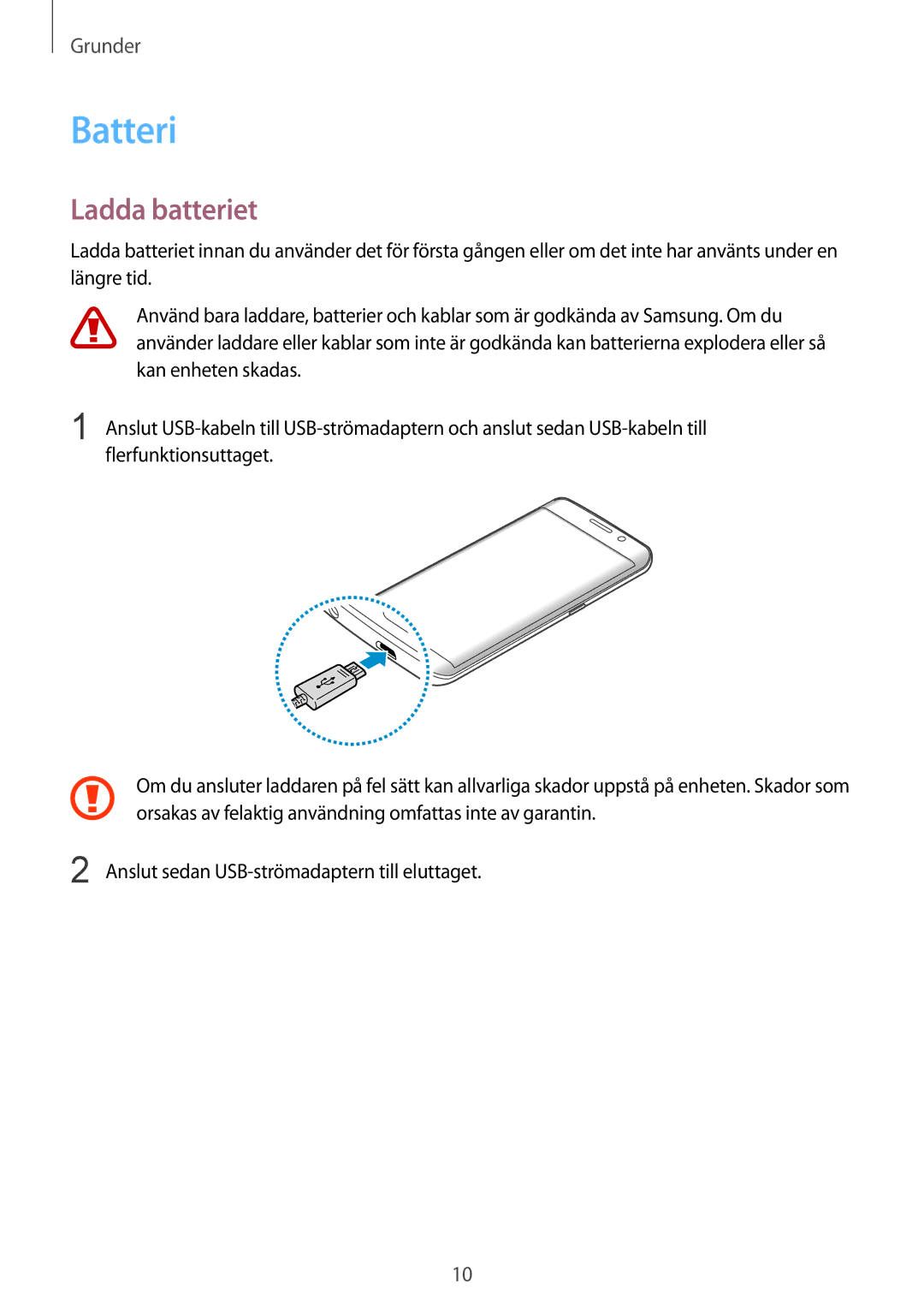 Samsung SM-G925FZDANEE, SM-G925FZGANEE, SM-G925FZWANEE, SM-G925FZWENEE, SM-G925FZWFNEE manual Batteri, Ladda batteriet 