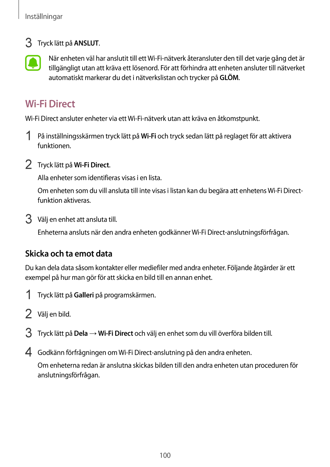 Samsung SM-G925FZDANEE, SM-G925FZGANEE, SM-G925FZWANEE manual Wi-Fi Direct, Skicka och ta emot data, Tryck lätt på Anslut 