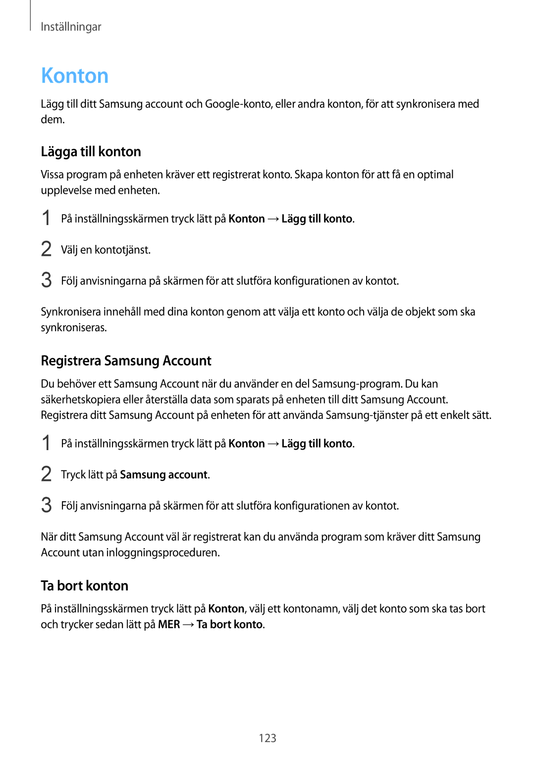 Samsung SM-G925FZWFNEE, SM-G925FZGANEE manual Konton, Lägga till konton, Registrera Samsung Account, Ta bort konton 