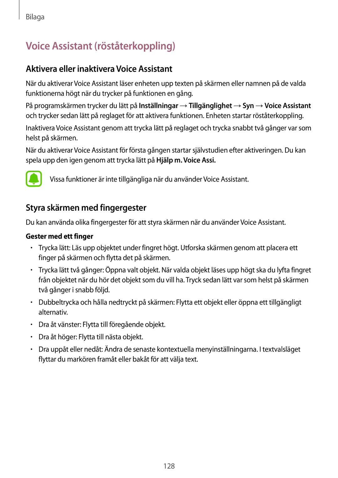 Samsung SM-G925FZWENEE, SM-G925FZGANEE manual Voice Assistant röståterkoppling, Aktivera eller inaktivera Voice Assistant 