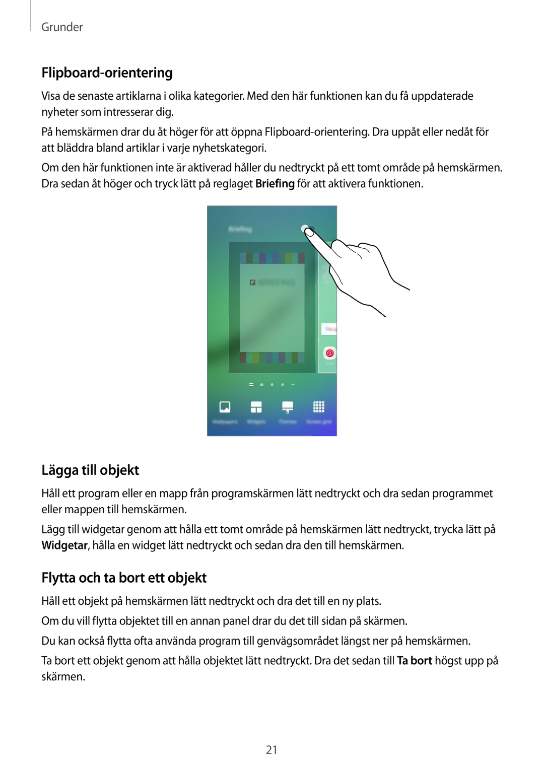 Samsung SM-G925FZWFNEE, SM-G925FZGANEE manual Flipboard-orientering, Lägga till objekt, Flytta och ta bort ett objekt 