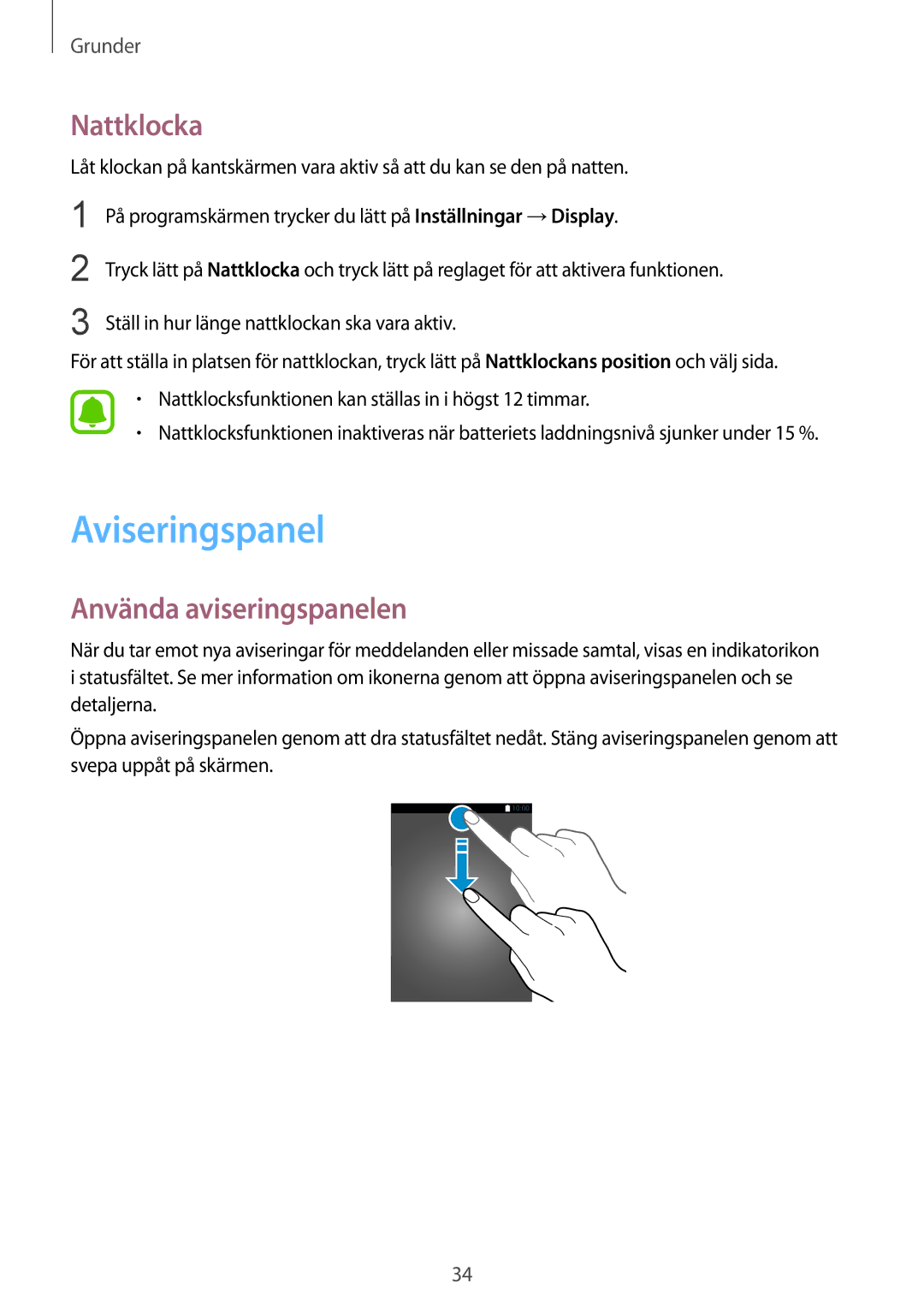 Samsung SM-G925FZDANEE, SM-G925FZGANEE, SM-G925FZWANEE manual Aviseringspanel, Nattklocka, Använda aviseringspanelen 