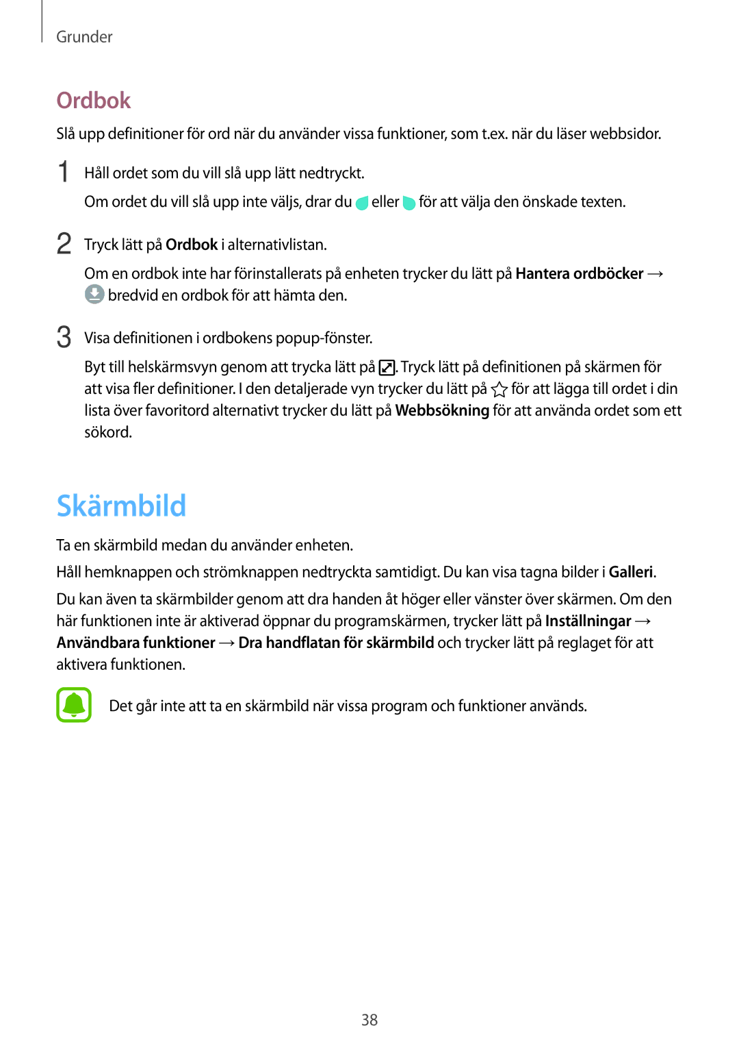 Samsung SM-G925FZWENEE, SM-G925FZGANEE, SM-G925FZWANEE manual Skärmbild, Ordbok, Ta en skärmbild medan du använder enheten 