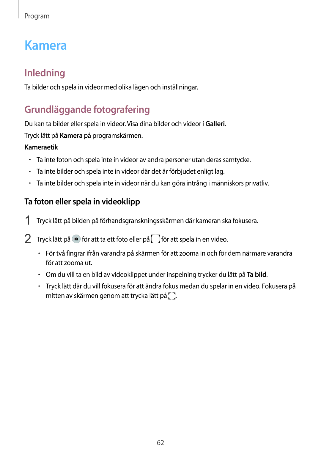 Samsung SM-G925FZWENEE, SM-G925FZGANEE manual Kamera, Grundläggande fotografering, Ta foton eller spela in videoklipp 