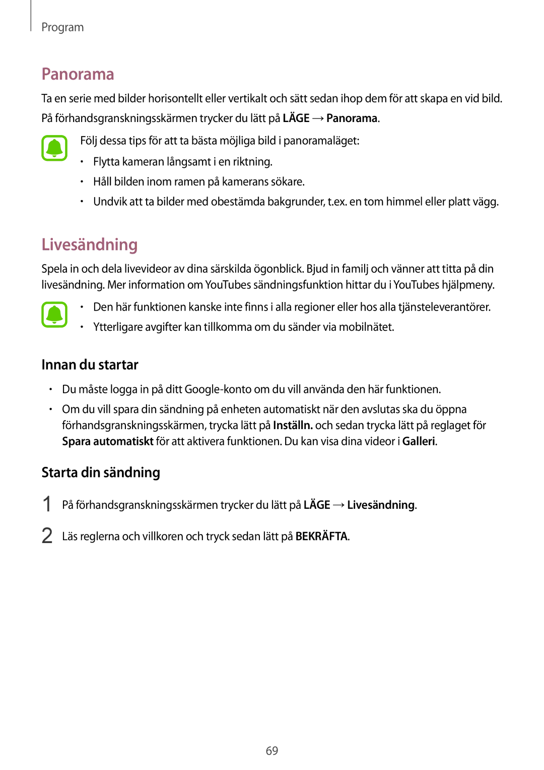 Samsung SM-G925FZWFNEE, SM-G925FZGANEE, SM-G925FZWANEE manual Panorama, Livesändning, Innan du startar, Starta din sändning 