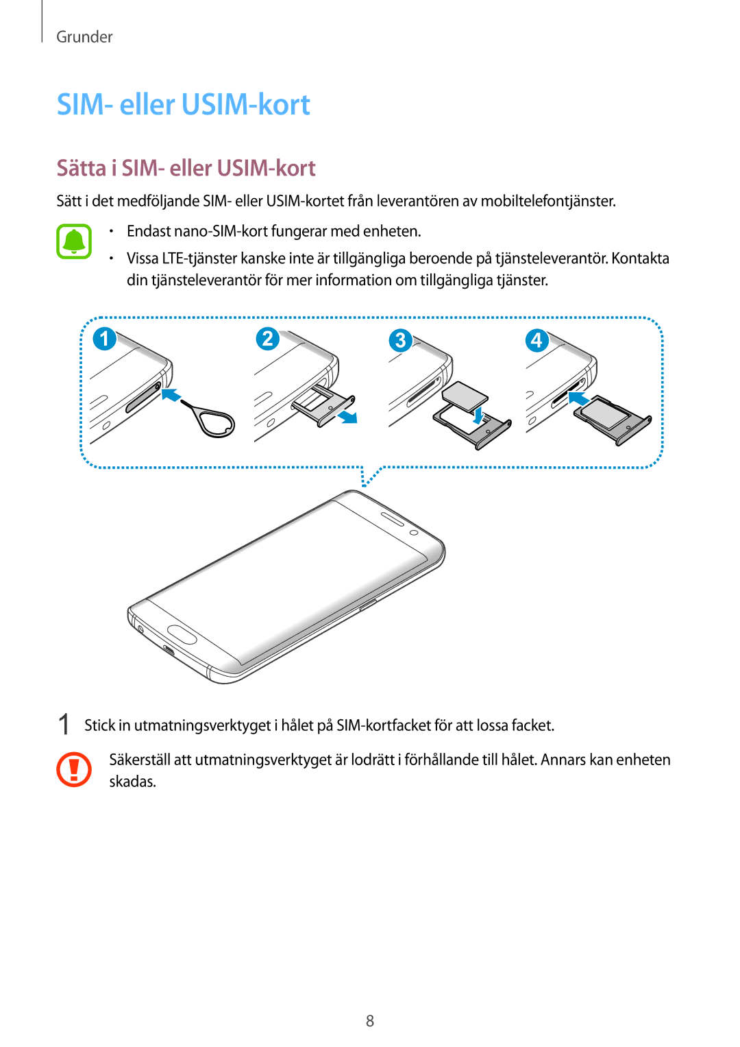 Samsung SM-G925FZWENEE, SM-G925FZGANEE, SM-G925FZWANEE, SM-G925FZWFNEE, SM-G925FZDANEE manual Sätta i SIM- eller USIM-kort 