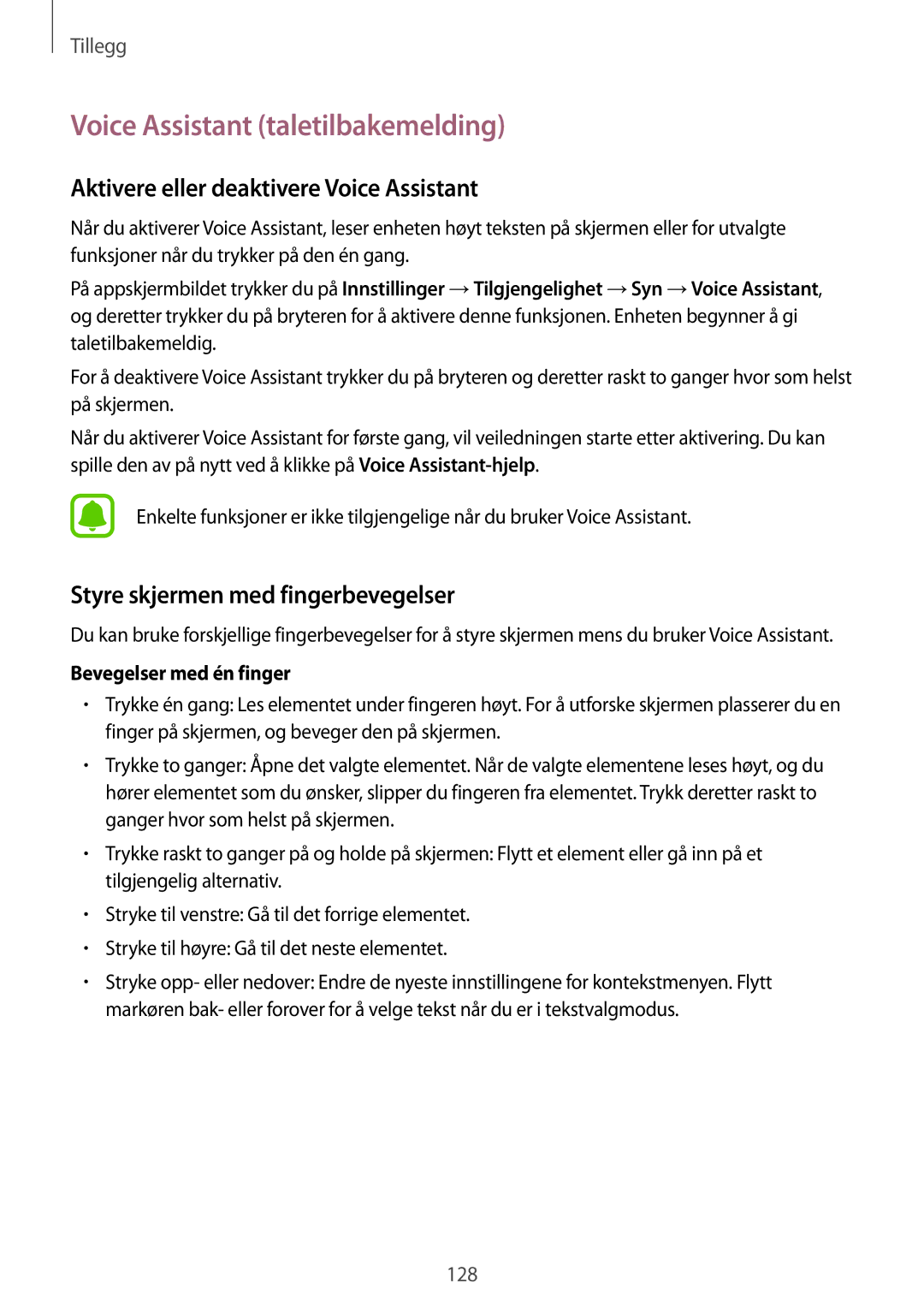 Samsung SM-G925FZWENEE, SM-G925FZGANEE manual Voice Assistant taletilbakemelding, Aktivere eller deaktivere Voice Assistant 