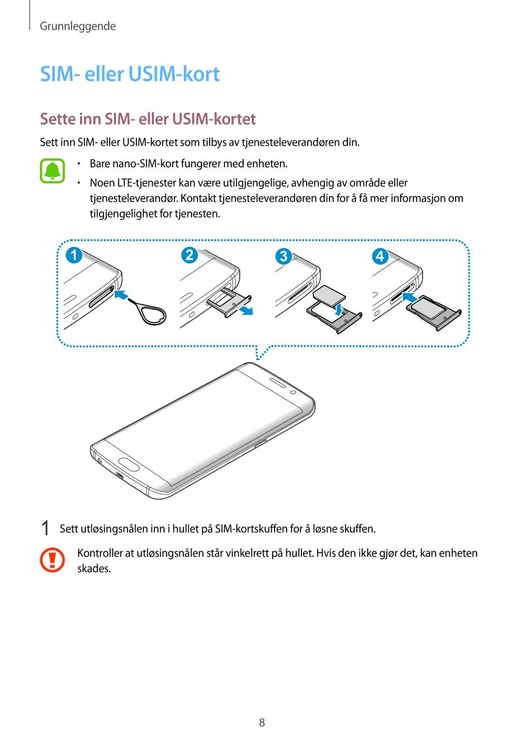 Samsung SM-G925FZWENEE, SM-G925FZGANEE, SM-G925FZWANEE, SM-G925FZWFNEE, SM-G925FZDANEE Sette inn SIM- eller USIM-kortet 