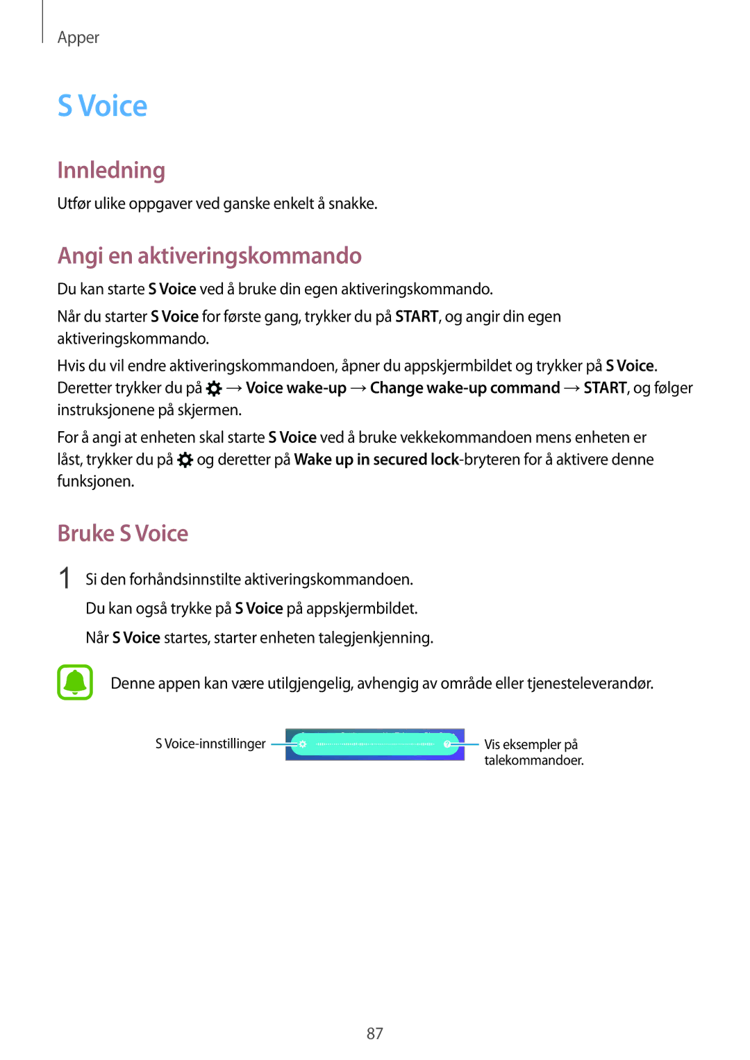 Samsung SM-G925FZWFNEE, SM-G925FZGANEE, SM-G925FZWANEE, SM-G925FZWENEE manual Angi en aktiveringskommando, Bruke S Voice 