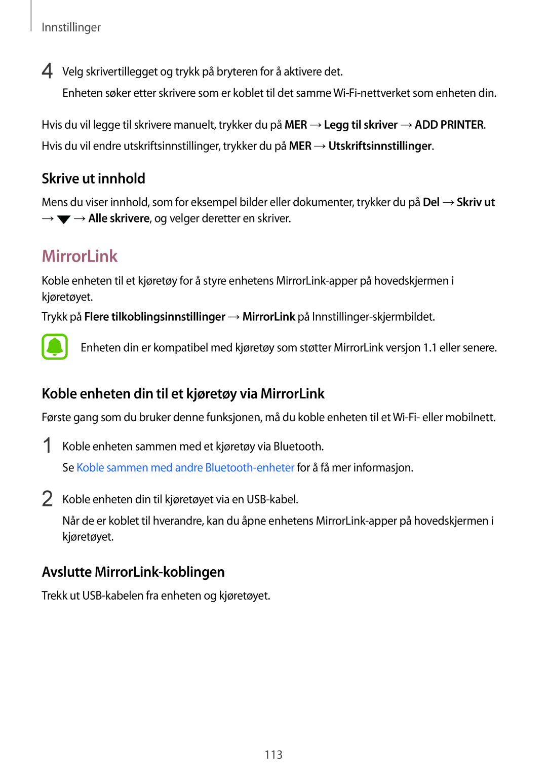 Samsung SM-G925FZKANEE, SM-G925FZGANEE manual Skrive ut innhold, Koble enheten din til et kjøretøy via MirrorLink 