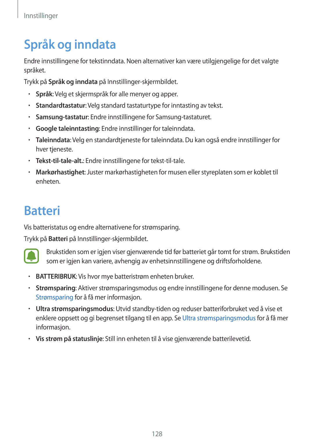 Samsung SM-G925FZWENEE, SM-G925FZGANEE, SM-G925FZWANEE, SM-G925FZWFNEE, SM-G925FZDANEE manual Språk og inndata, Batteri 