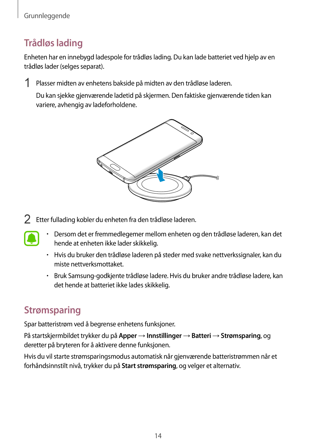 Samsung SM-G925FZWENEE, SM-G925FZGANEE, SM-G925FZWANEE, SM-G925FZWFNEE, SM-G925FZDANEE manual Trådløs lading, Strømsparing 