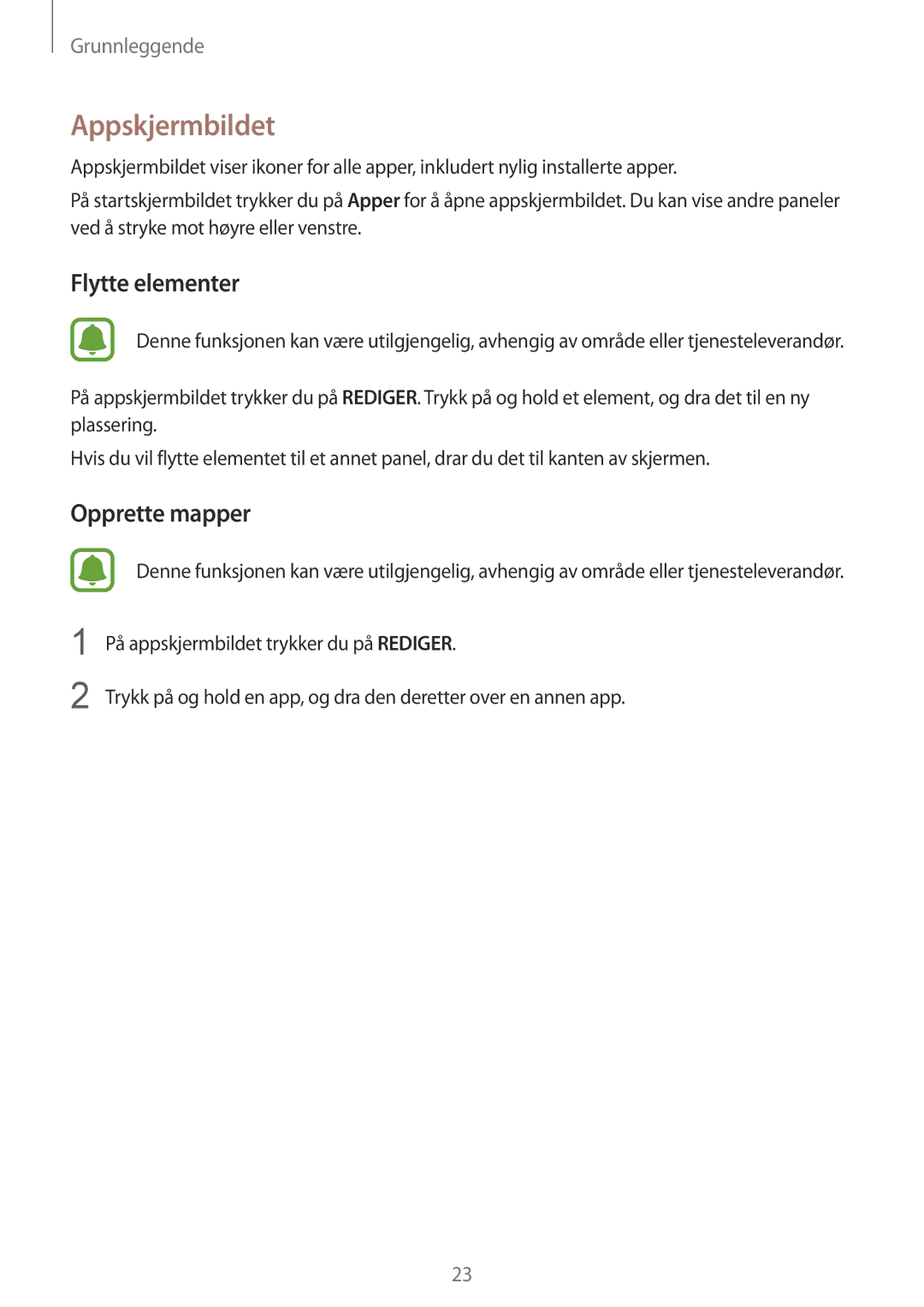 Samsung SM-G925FZKANEE, SM-G925FZGANEE, SM-G925FZWANEE, SM-G925FZWENEE, SM-G925FZWFNEE manual Appskjermbildet, Flytte elementer 