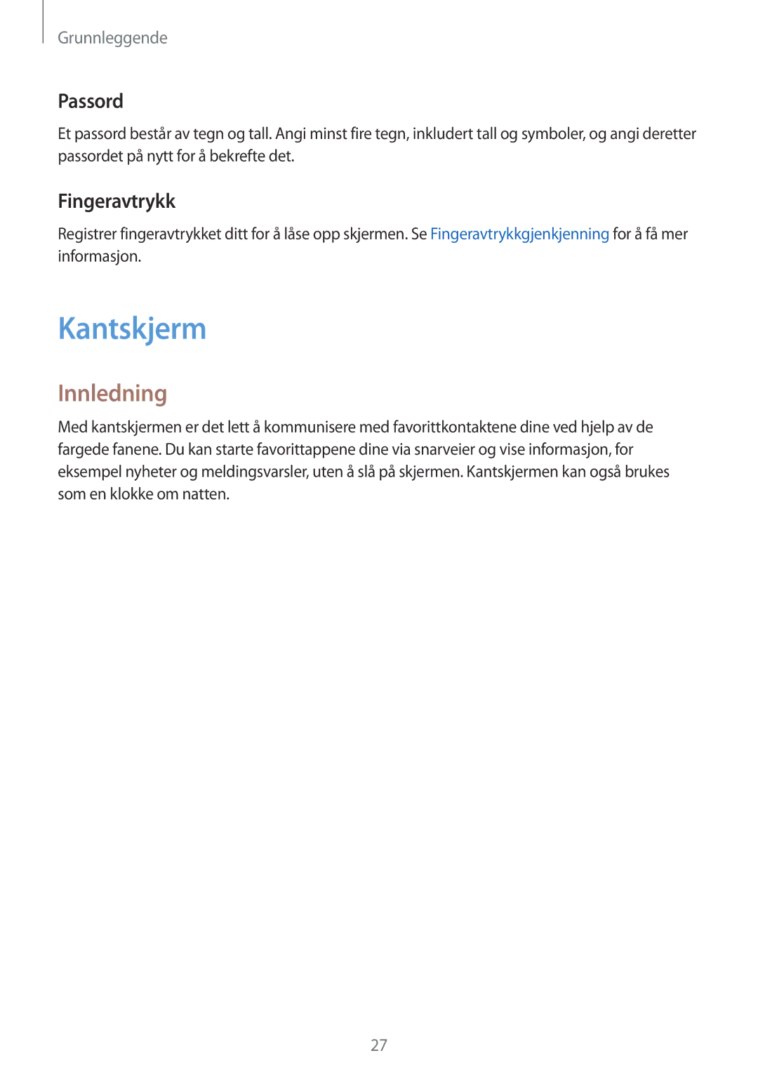 Samsung SM-G925FZWFNEE, SM-G925FZGANEE, SM-G925FZWANEE, SM-G925FZWENEE manual Kantskjerm, Innledning, Passord, Fingeravtrykk 