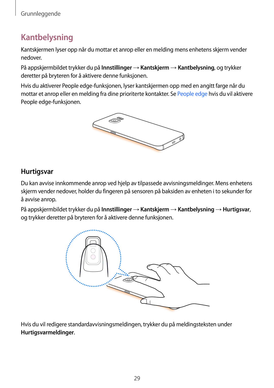 Samsung SM-G925FZKANEE, SM-G925FZGANEE, SM-G925FZWANEE, SM-G925FZWENEE, SM-G925FZWFNEE manual Kantbelysning, Hurtigsvar 