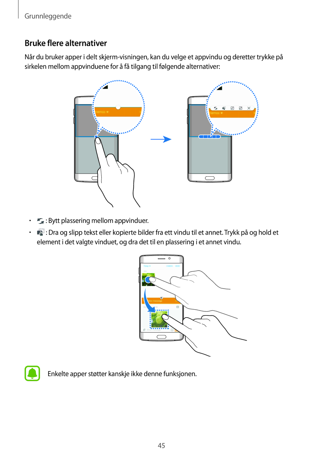 Samsung SM-G925FZWFNEE, SM-G925FZGANEE, SM-G925FZWANEE manual Bruke flere alternativer, Bytt plassering mellom appvinduer 